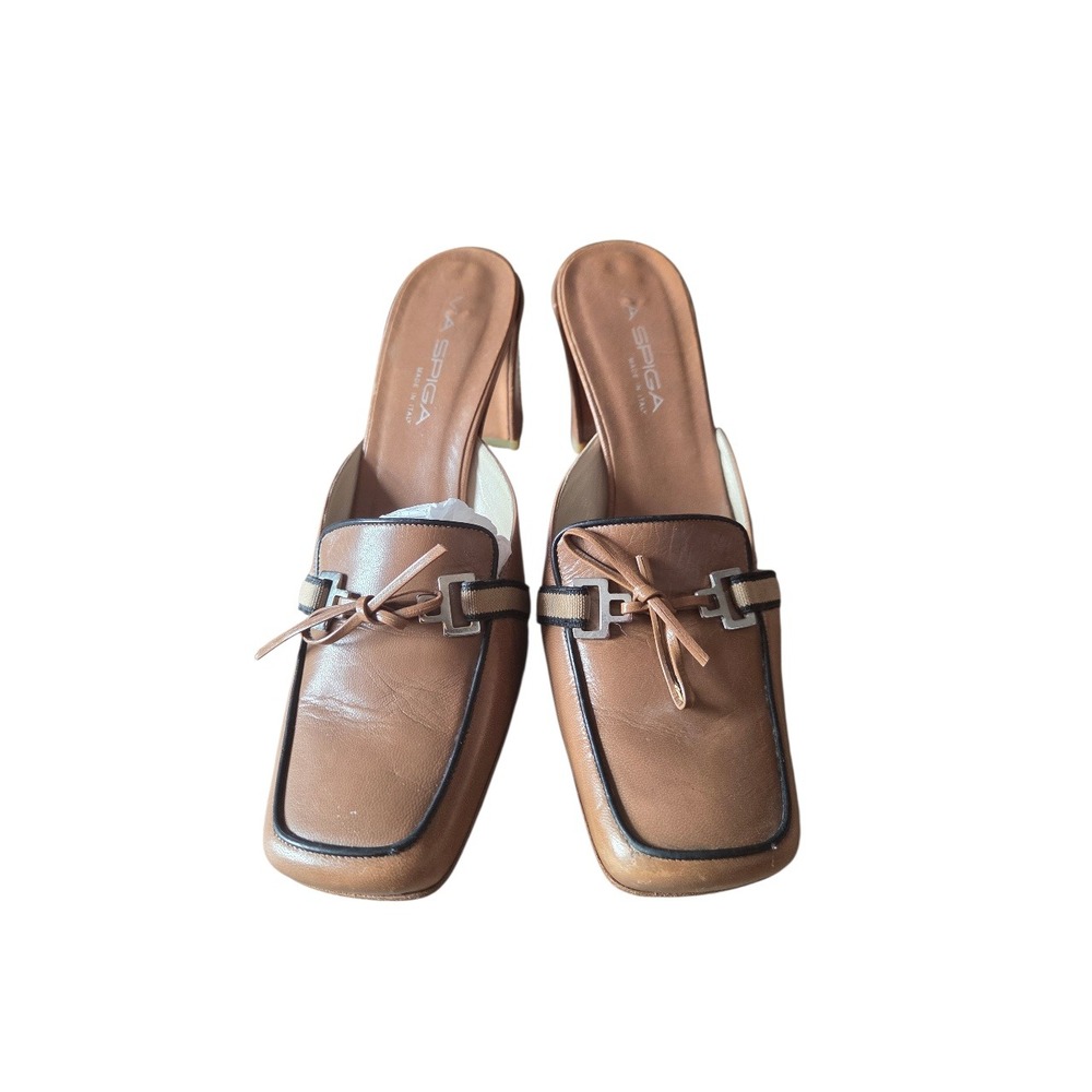 Via Spiga Italian Leather Mule Heels Brown‎ Square Toe Slip On Size 7.5